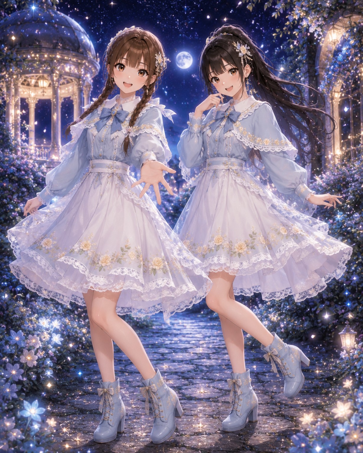 月明かりの花園に立つリンとレイ